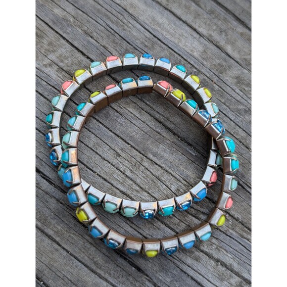 Vintage Rhinestone Stretch Bracelet, 80s Pastel Bracelet Set - Picture 3 of 10